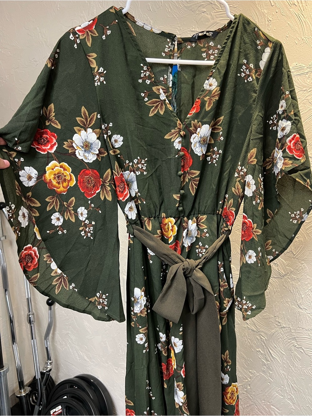 Simplee Apparel Olive Green Floral Midi Dress with Flutter Sleeves and Open Back